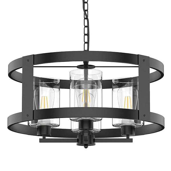 QIANZHAN 4-LIGHT FARMHOUSE CHANDELIER, 20″ BLACK LIGHT FIXTURE WITH GLASS SHADE MODERN DRUM LIGHTING FIXTURES CEILING PENDANT LAMP FOR DINING ROOM KITCHEN ISLAND ENTRANCE FOYER LIVING ROOM BEDROOM