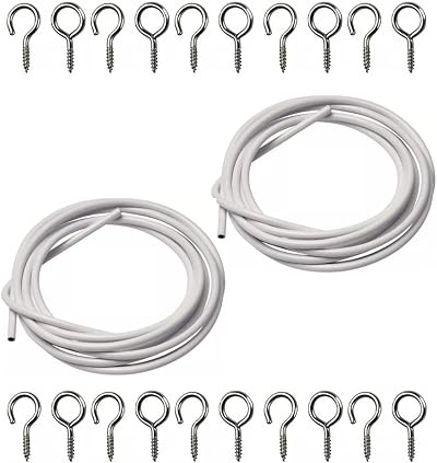 FERRIS 2 Packs 3 Metre Net Curtain Wire with 16 Hooks & Eyes White