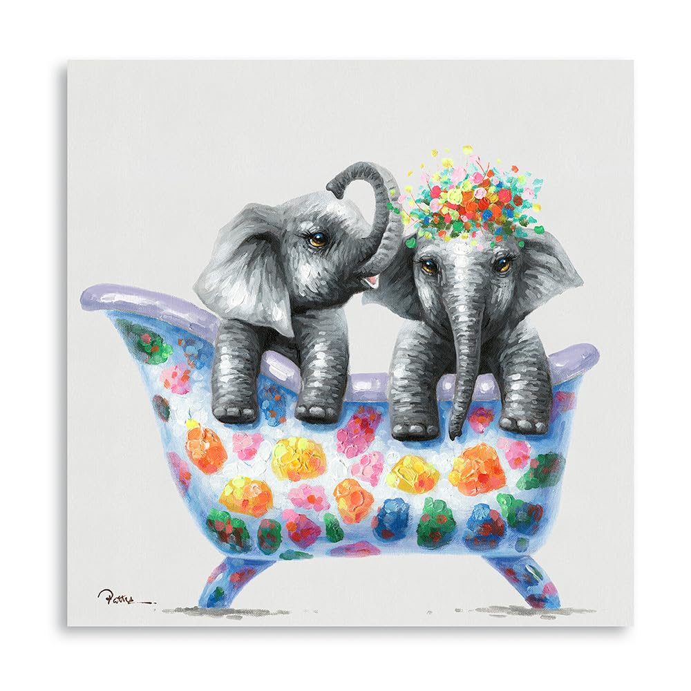 Yidepot Funny Elephant Canvas Wall Art Painting Two Little Elephants in Colorful Bathtub Playing Picture Print Decorative Mural for Bathoom Framed and ready to hang (50x50CM) — image 1