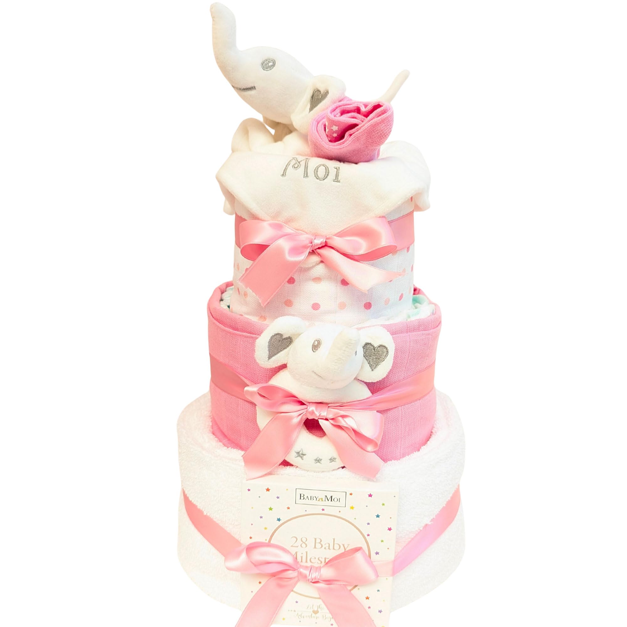 New Born Baby Girl Gift Set - 3 Tier Nappy Cake (Pink) Baby Gift Hamper Elephant Theme Baby Shower Present