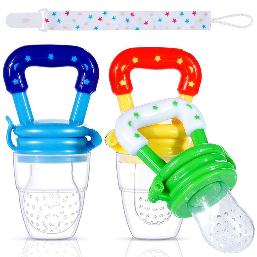 Faburo 4pcs Baby Food Fresh Fruit Feeder Pacifier Set: 3pcs Pacifier Feeder Teething Toy Teether and 1pcs Pacifier Clips for Baby, Weaning Dummies