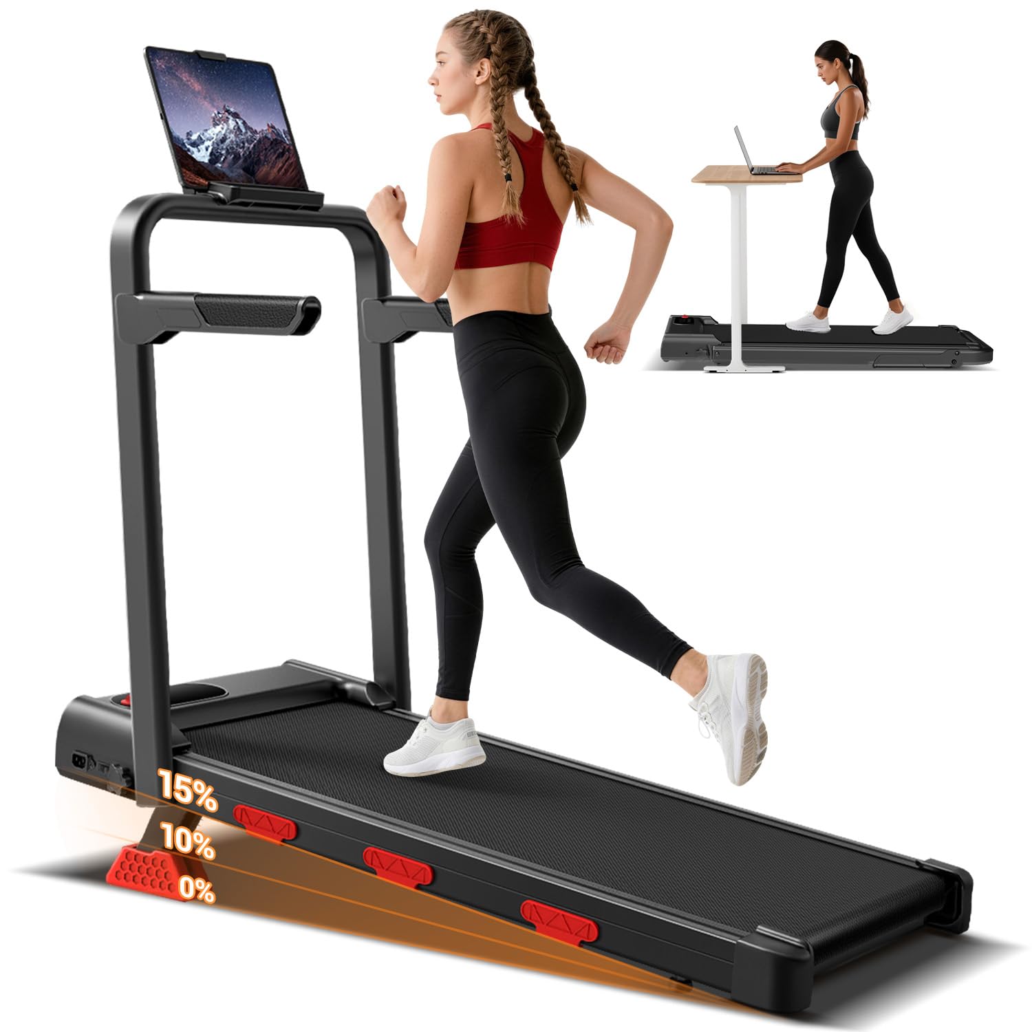 LONTEK 15% Incline Walking Pad Treadmill with Handles, Treadmills for Home | Non-slip Handrail, Foldable, Portable, 3.0HP Qui