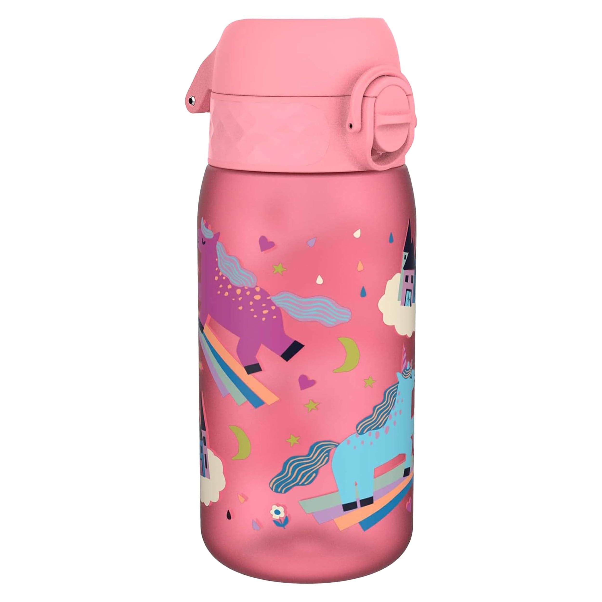 Ion8 Kids Water Bottle, 350 ml/12 oz, Leak Proof, Easy to Open, Secure Lock, Dishwasher Safe, BPA Free, Carry Handle, Hygienic Flip Cover, Easy Clean, Odour Free, Carbon Neutral, Pink, Unicorns