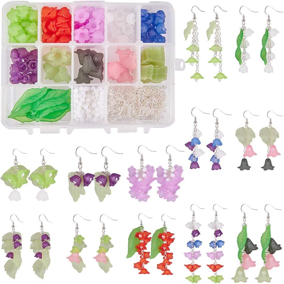 SUNNYCLUESUNNYCLUE 1 Box DIY 12 Pairs Frosted Mixed Acrylic Lily Flower leaf Drop Dangle Earring Making Kits with 160pcs Acrylic Flower Beads & 30pcs Maple Leaf Charm Pendants & 24pcs Nick Free earring Hooks