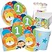 One is Fun ! Boys Birthday Theme 1st Party Supplies Pack (Serves-16) Dinner Plates, Luncheon Napkins, Cups and Table Cover - First Zoo Party Supply Tableware Set Kit Includes Birthday Candles