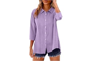 Frostluinai Linen Botton Down Shirt Women 3/4 Sleeve Lapel Collar Pleated Tops Ladies Work Tunic Blouses
