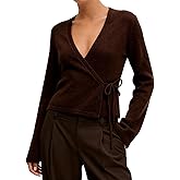 Womens Y2k Solid Wrap Knitted Tops Sexy V Neck Long Sleeve Slim Fit Shirts Drop Shoulder Side Tie Sweater Pullovers