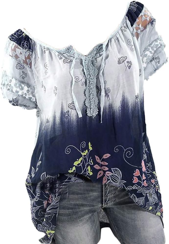 Womens Loose Plus Size Floral Print T-Shirt Tee S-5XL, Lace Ruffle Short Sleeve V-Neck Basic Top Tie Dye Ugly Shirt Blouse