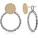 Watforsh Two Tone Jacket Earrings for Women Boho Style Geometric with Gold Hammered Studs and Silver Hoop Drop Mixed Metal Earrings