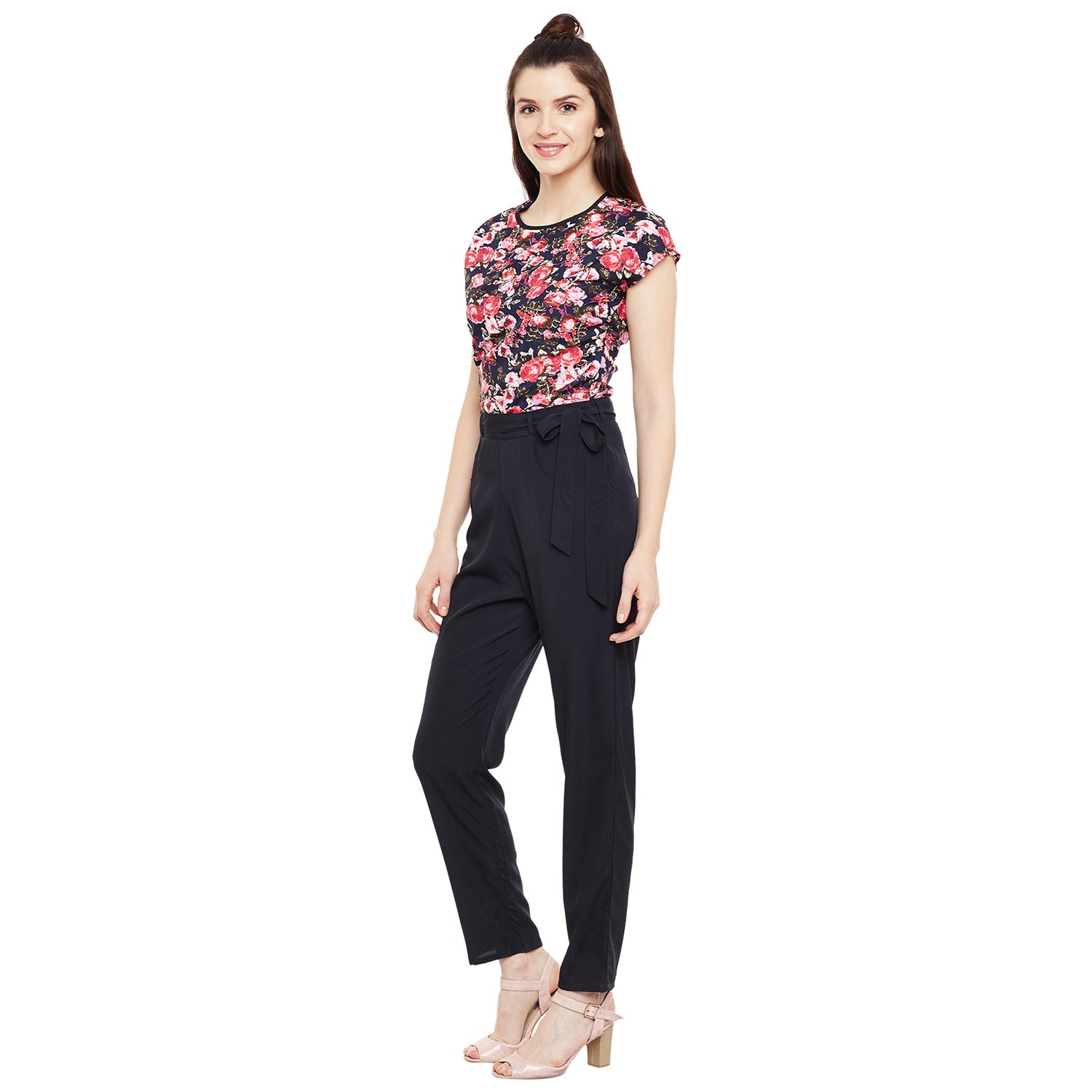 florrie fusion women's black crepe designer floral long length jumpsuit