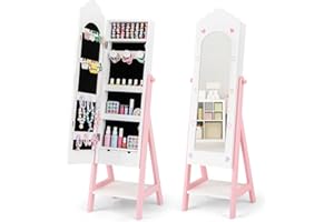 CHARMAID Kids Jewelry Organizer with Full Length Mirror, Standing Jewelry Armoire with Drawers and Storage Shelves, Kids Dress Up Mirror Jewelry Cabinet for Girls Gift (White)