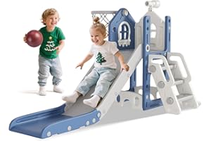 BIERUM 5 in 1 Toddler Slide - L-Shaped Baby Slide for Toddlers Aged 1-3 with Basketball Hoop, Telescope Toy and Anti-Slip Pads, Indoor Outdoor Toddler Playset, Blue Gray