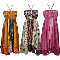 Mogul Interior Womens Sundress Recycled Silk Sari Vintage Two Layer Forgotten Classic Halter Dress Wholesale Lot Of 3 Pcs