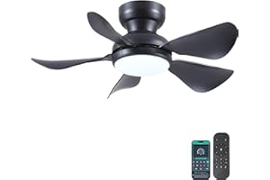 Kviflon 32 Inch Modern Ceiling Fans with Lights, Small Flush Mount Ceiling Fan with Light and Remote/APP Control, 5 Reversible 6 Speeds Curved Blades, 3 CCT Dimmable Lights for Bedroom, Black