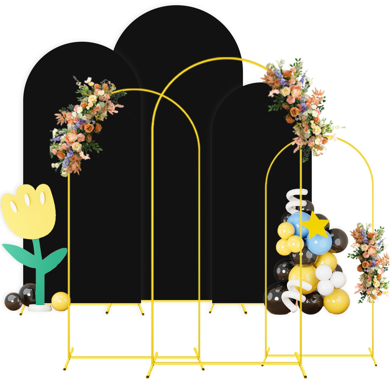 Photo 1 of OMKSIH 7.2FT 6.6FT 6FT Wedding Arch Stand and Cover Set of 3 Black Spandex Arch Backdrop Covers Metal Arched Stand Frame Gold Arch Backdrop Stand with Cover for Birthday Party Banquet Decorations