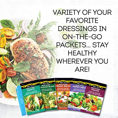 Walden Farms Salad Dressing Packets - 15 Sampler Pack in Ready to Serve Calorie Free Flavors, 15 - 1 oz Pouches of Honey Dijon, Thousand Island, Ranch, Italian and Creamy Bacon with H&P Bag Clip