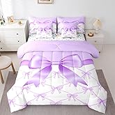 Feelyou Purple Bow 7 Piece Bedding Set Cute Ribbon Bow Comforter Set with Sheets for Kids Boys Girls White Purple Bed in a Bag Princess Style Bed Set Soft Lightweight