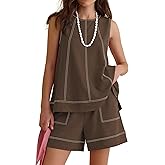 LOMON Womens Two Piece Short Sets Summer Round Neck Sleeveless Tank Tops Drawstring Elastic Waist Shorts with Pockets