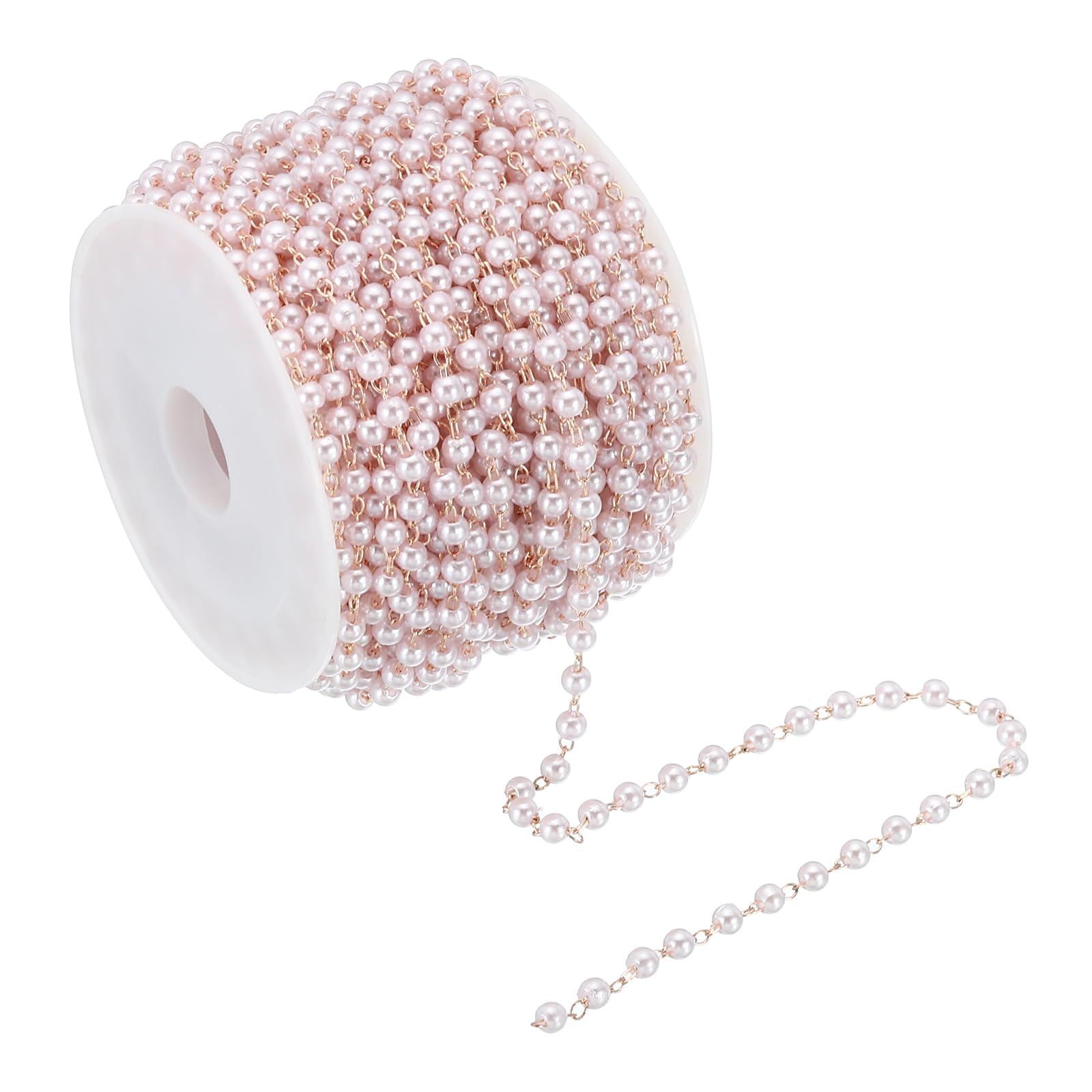 PATIKIL 10m/33 Feet Faux Pearl Beading Chain with Spool, 3mm Brass Chain Link for Decoration Making DIY Accessories Style 1, Rose Gold