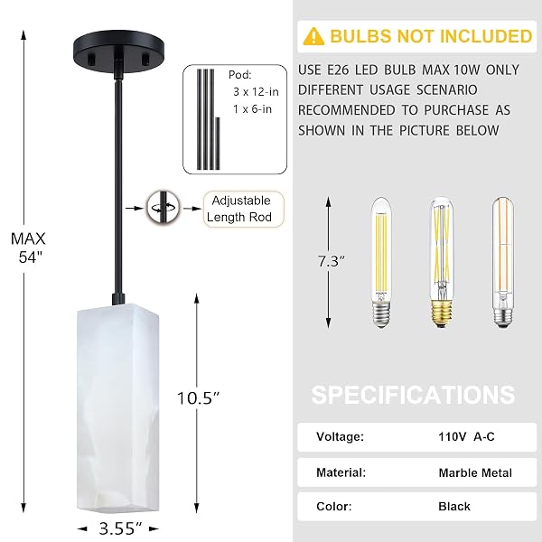 RAINLIGHTING 1 LIGHT MODERN INDUSTRIAL FARMHOUSE HANGING KITCHEN ISLAND PENDANT CEILING LIGHT FIXTURE,SQUARE NATURAL ALABASTER MARBLE BLACK FINISH OVER SINK RESTAURANT BAR CORRIDOR