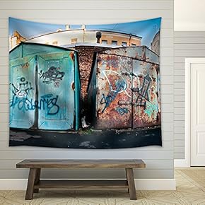 Old, Closed, Dusty and Rusty Garages in Ghetto - Fabric Wall Tapestry Home Decor - 51x60 inches
