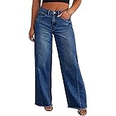 Eytino Women's Plus Size Wide Leg Jeans Elastic High Waist Stretchy Raw Hem Denim Pants with Pockets(1X-5X)