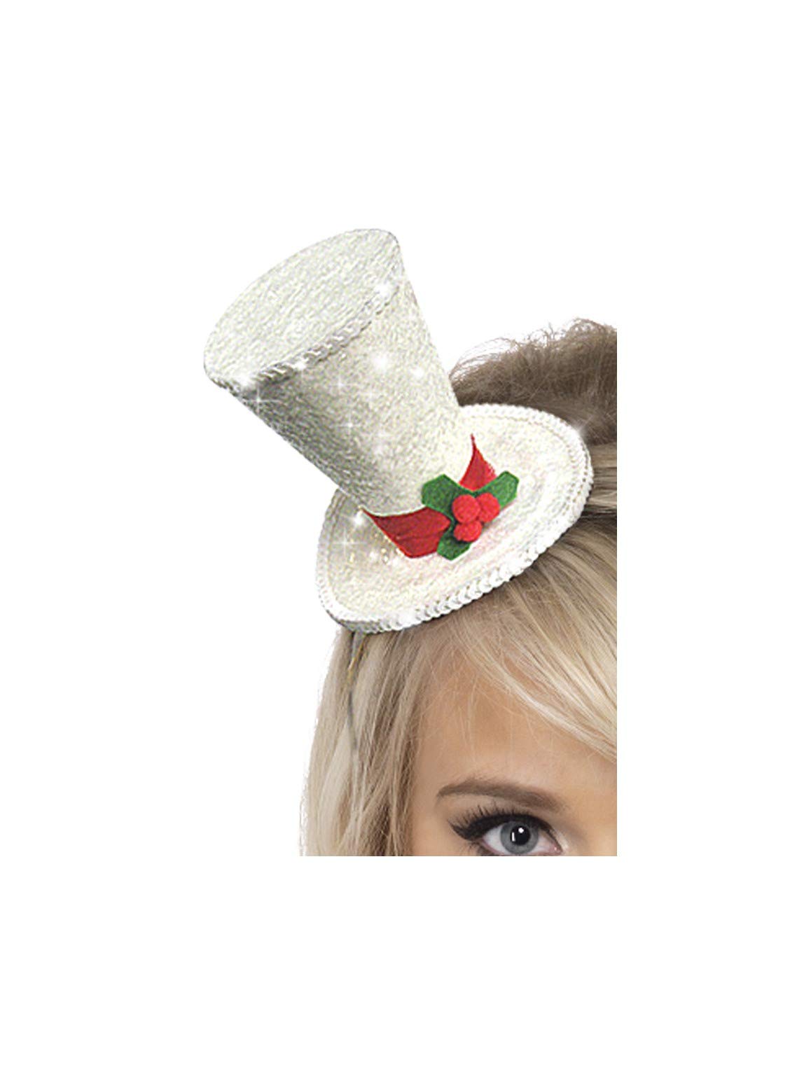 Smiffys Mini Top Hat, White with Glitter, on Headband, Christmas Fancy Dress Accessory, Christmas Dress Up Hats Xmas Festive hat headband