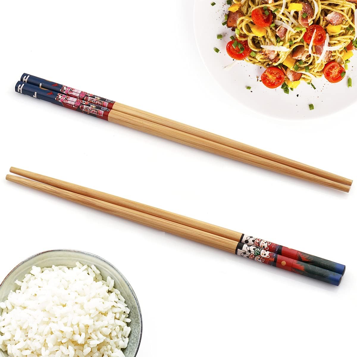  | 10-Pairs Bamboo Chopsticks, GLAMFIELDS Reusable Chopsticks Set Classic Natural Bamboo Chop Sticks Dishwasher Safe 9 1/2 Inches (Cute Cat Drawing): Chopsticks & Chopstick Holders