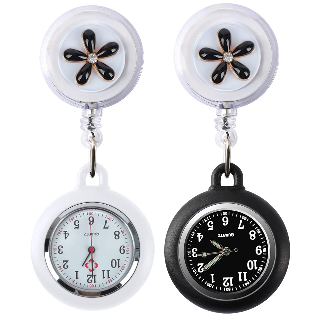 WONOLO Retractable Nurse Fob Watch for Nurses Doctors Paramedics, 2 Pcs Luminous Clip-on Hanging Lapel Pocket Watches with Cute Flower Pattern, Pointer Glow in Dark