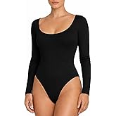 XFit Women's Scoop Neck Thong Bodysuit, Long Sleeve, Fitted Style, Stretchy Material for Going Out