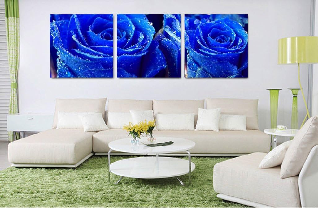 Yimei Art 3 Panels Blue Rose Modern Canvas Painting Wall Art for Home Decoration 50x 50cm