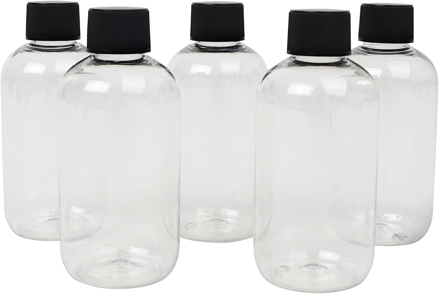 LUCEMILL 5 X 100ML Clear PET Boston Empty Plastic travel Bottles with Black screw cap