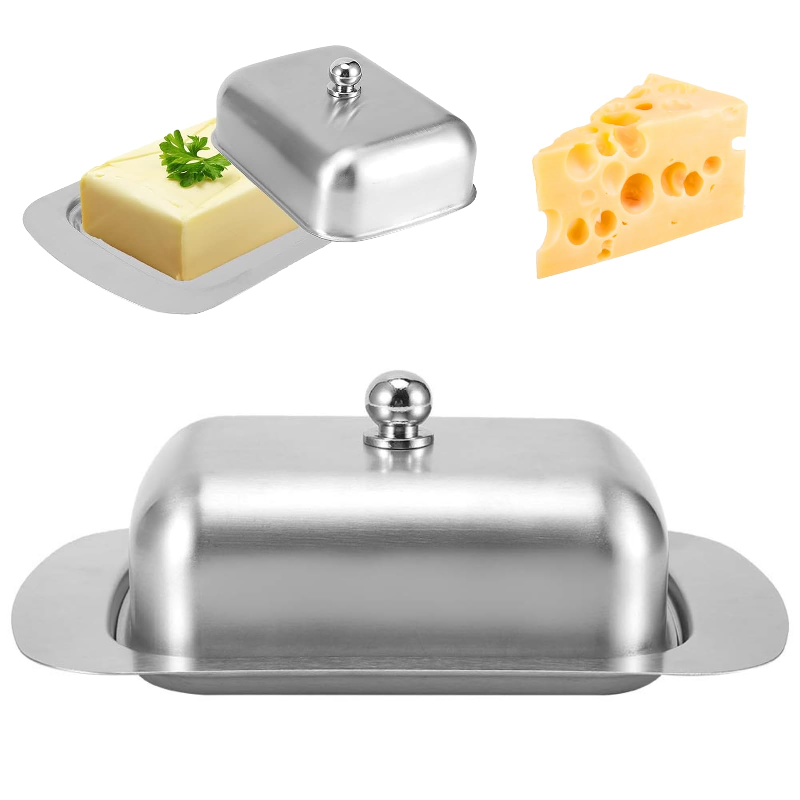 Butter Dish with Lid for Countertop, Stainless Steel Butter Keeper Container to Maintain Freshness and Protect Butter from Dust, Modern Cheese Box Perfect for Everyday Use and Kitchen Decor, Silver