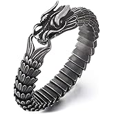 COOLSTEELANDBEYOND Stainless Steel Dragon Cuff Bracelet for Men, Vintage Oxidized Scale Link Bangle, Biker Gothic Jewelry