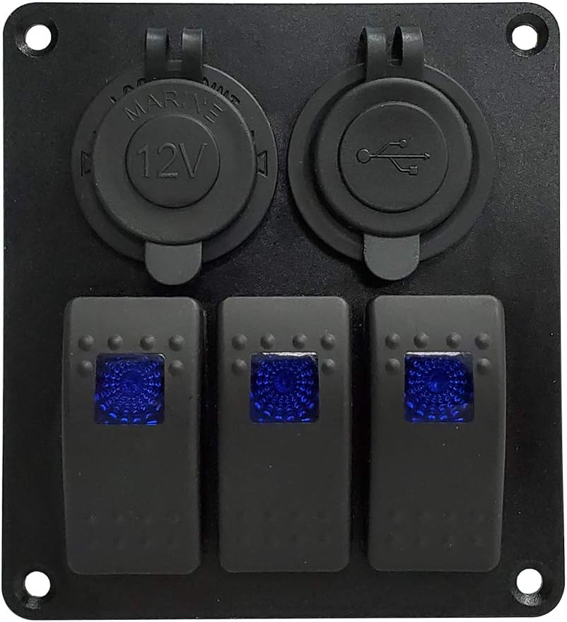 IZTOSS 3 Gang Rocker Switch Panel with Power Socket 3.1A Dual USB Wiring Kits and Decal Sticker Labels DC12V/24V for Marine Boat Car Rv Vehicles Truck Blue Led: Industrial & Scientific