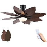 52'' Palm Leaf Ceiling Fans with Lights,Handmade Wooden Dual Fan Blades,Tropical Ceiling Fans with Remote,22W 3 Color LED Light, DC Reversible Motor, Low Profile Ceiling Fan for Patio, Living room