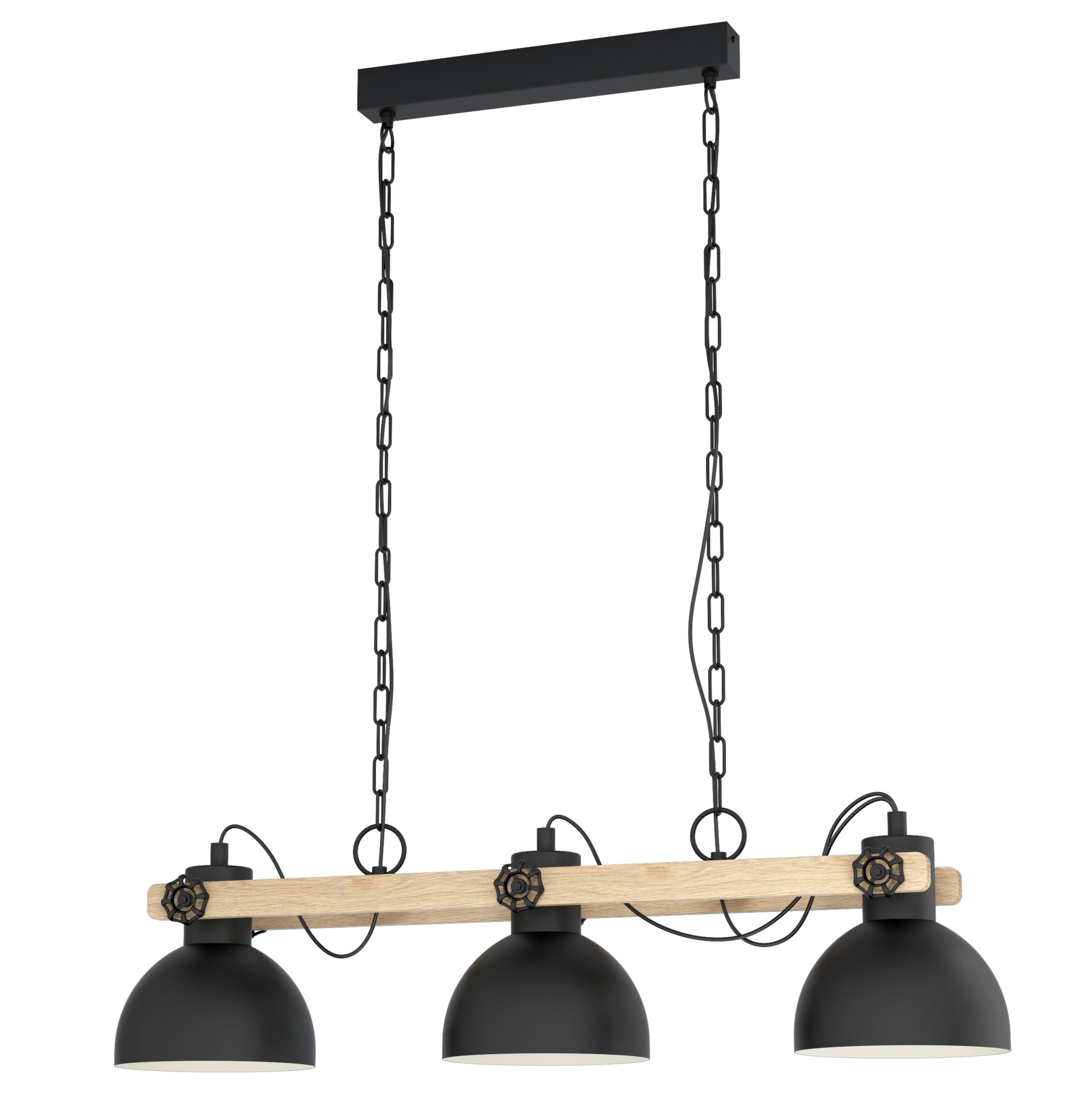 Eglo Lubenham 3-Flame Vintage Pendant Lamp, Industrial Design Hanging Light, Black Steel and Brown Wood Ceiling Lighting, E27 Socket