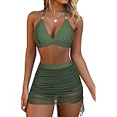 RXRXCOCO Womens High Waisted Bikini Set Swim Skirt Tummy Control Swimsuit Drawstring Mesh Sarong Wraps 2 Piece Bathing Suit