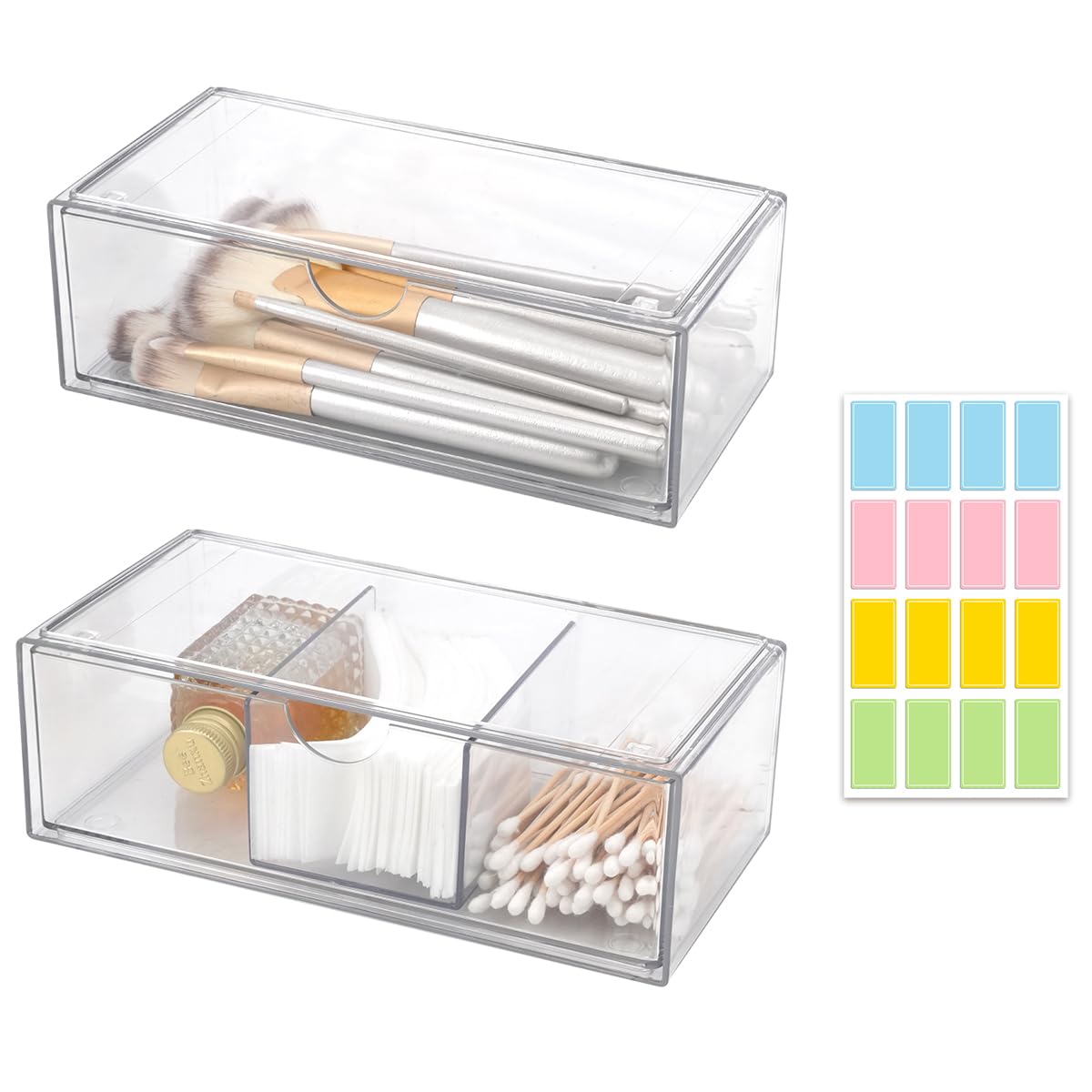 Photo 1 of 2PCS Square Qtip Holder Dispenser, Clear Cotton Ball Holder With Compartments, Stackable Cotton Pad Container, Cosmetic Organizer for Bathroom Canisters Vanity Makeup (1pc separate+1pc convention)