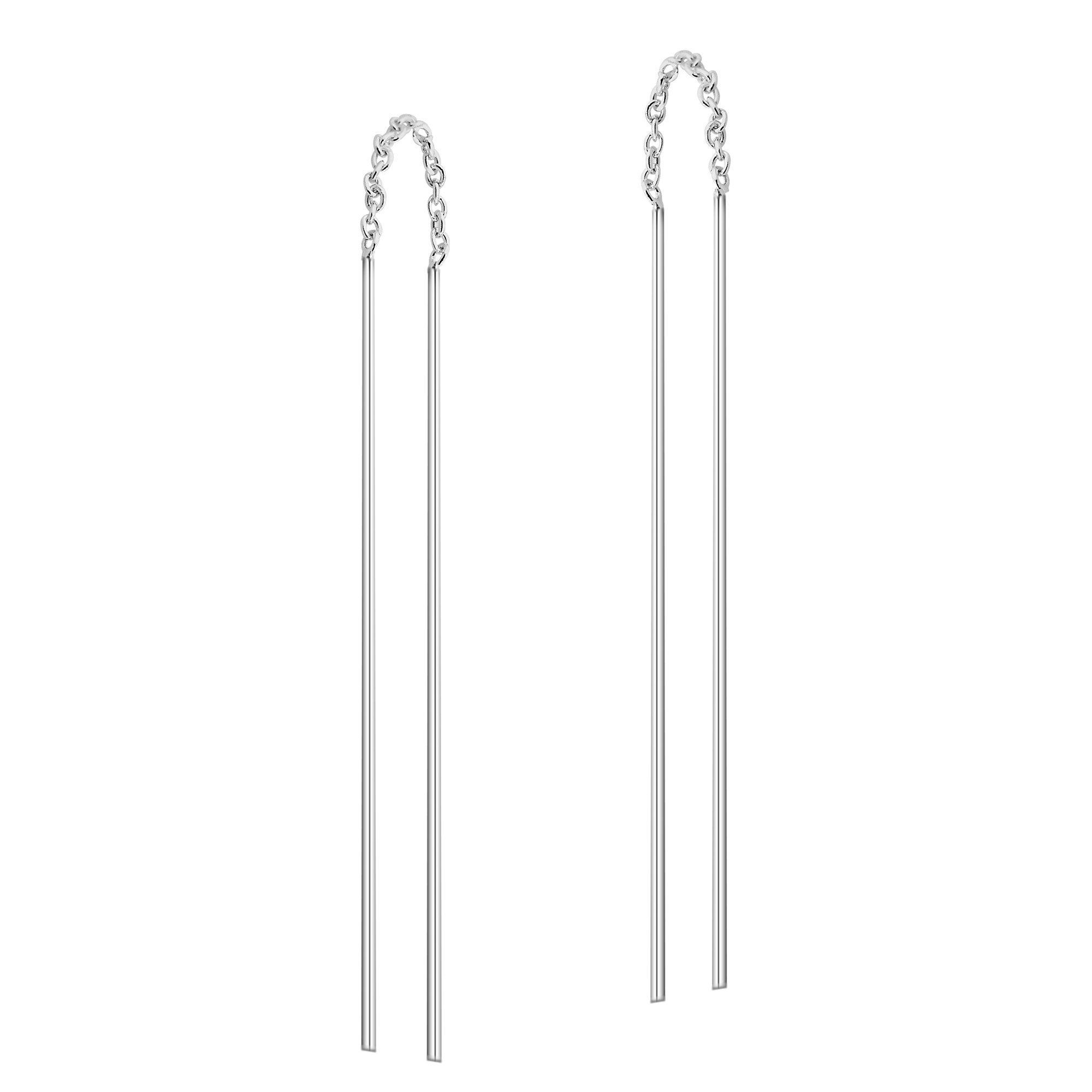 Mid Simple Stick Ear Thread Slide Drop Dangle 925 Sterling Silver Earrings