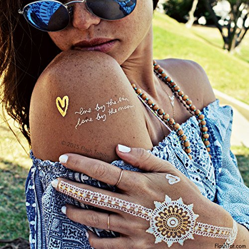 Flash Tattoos Wanderlust Authentic Metallic Temporary Tattoos 3 sheet Pack (Gold/silver/white) - Includes Over 28 Premium Waterproof Tattoos