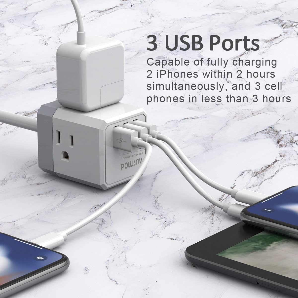 Power Strip, POWSAV Extension Cord with 3 USB Ports(Smart 3.0A Total) and 3-Outlet Extender, 6 Feet Cord, Compact Size for Cruise Ship, Home, Office,Dorm Essentials, ETL Listed: Home Audio & Theater