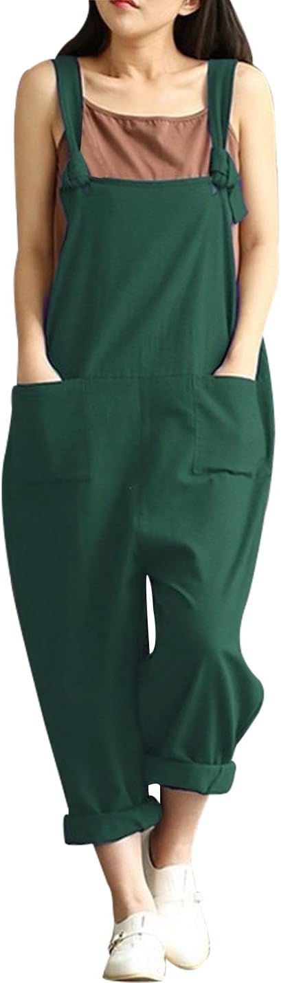 YeokouWomen's Summer Casual Loose Baggy Linen Cotton Wide Leg Harem Overalls