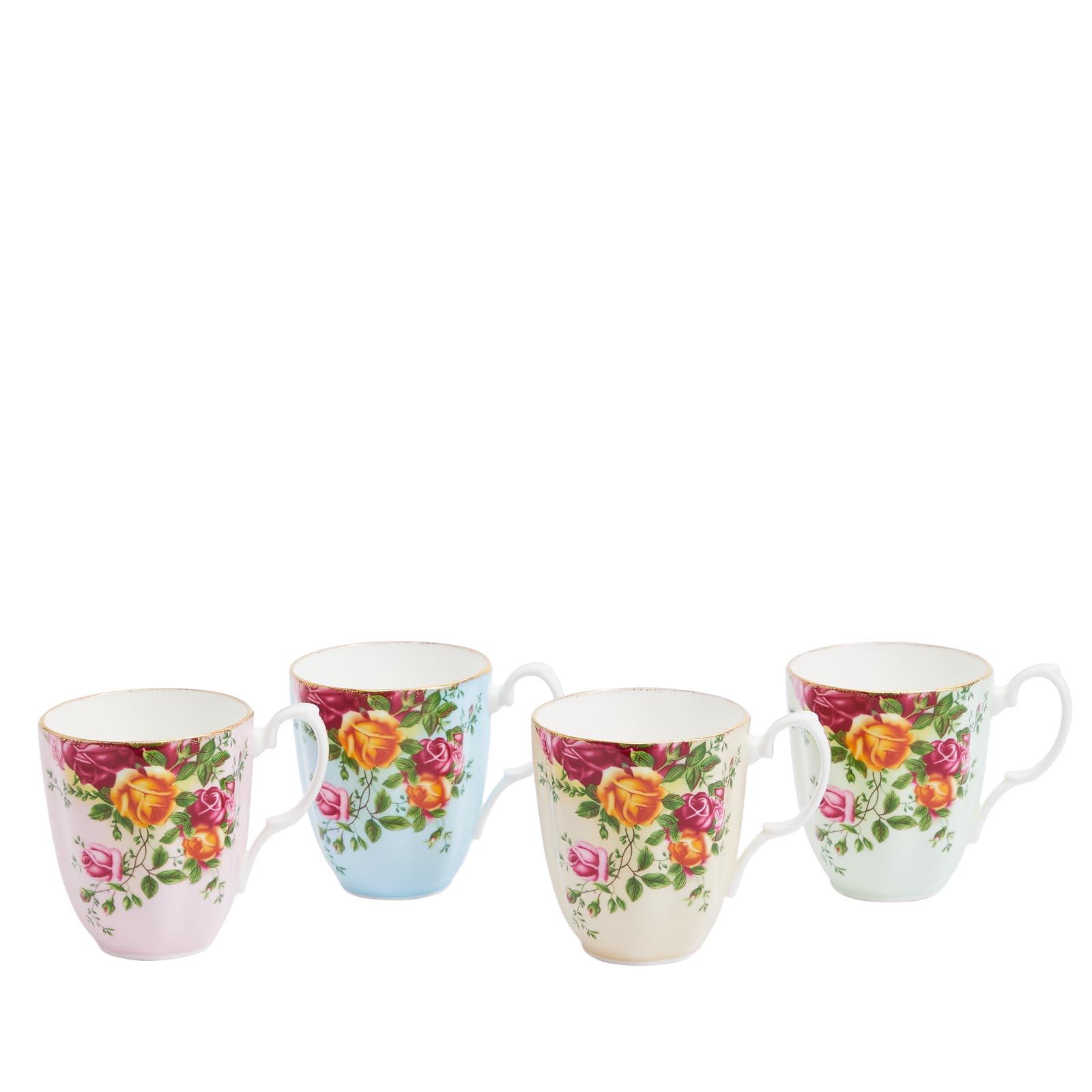 Royal Albert Tea Cups, Bone China, Mugs with Handles, Old Country Rose, Mixed Colours/Floral, 4pcs