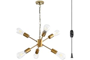 JackLove Dimmable Mini Plug in Chandelier 6-Light with Switch 16.4 Ft On/Off Switch,Modern Gold Brass Metal Sputnik Chandelier, Pendant Lighting for Living Room Bedroom Dining Room