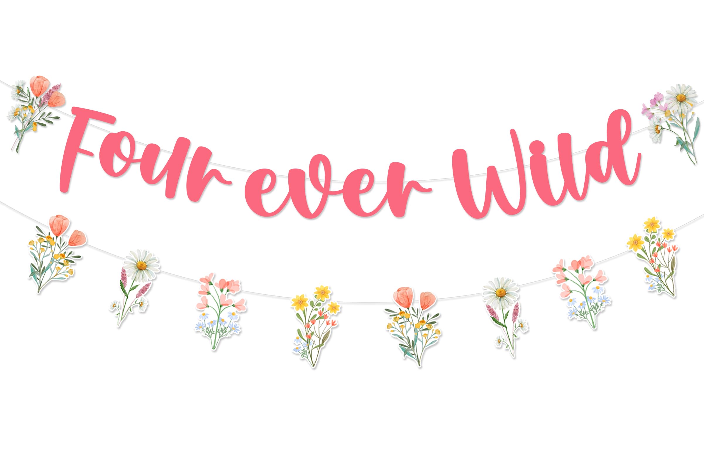Photo 1 of Fangleland Wildflower Birthday Banner Garland, Four Ever Wild Floral Theme 4th Bday Party Decor Supplies for Girls