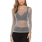CERYIWER Women's Sexy See Through Shirts Long Sleeve Glitter Mesh Sheer Metallic Shiny Tops Blouse