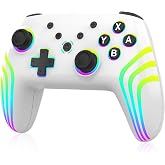 MYSTILUCK Wireless Pro Controller for Switch/Switch 2/Lite/OLED/PC, Gamepad with 7 Color-Changing RGB Lighting/Dual Vibration/6-Axis Gyroscope/Turbo, Ergonomically Designed Precise Joystick - White