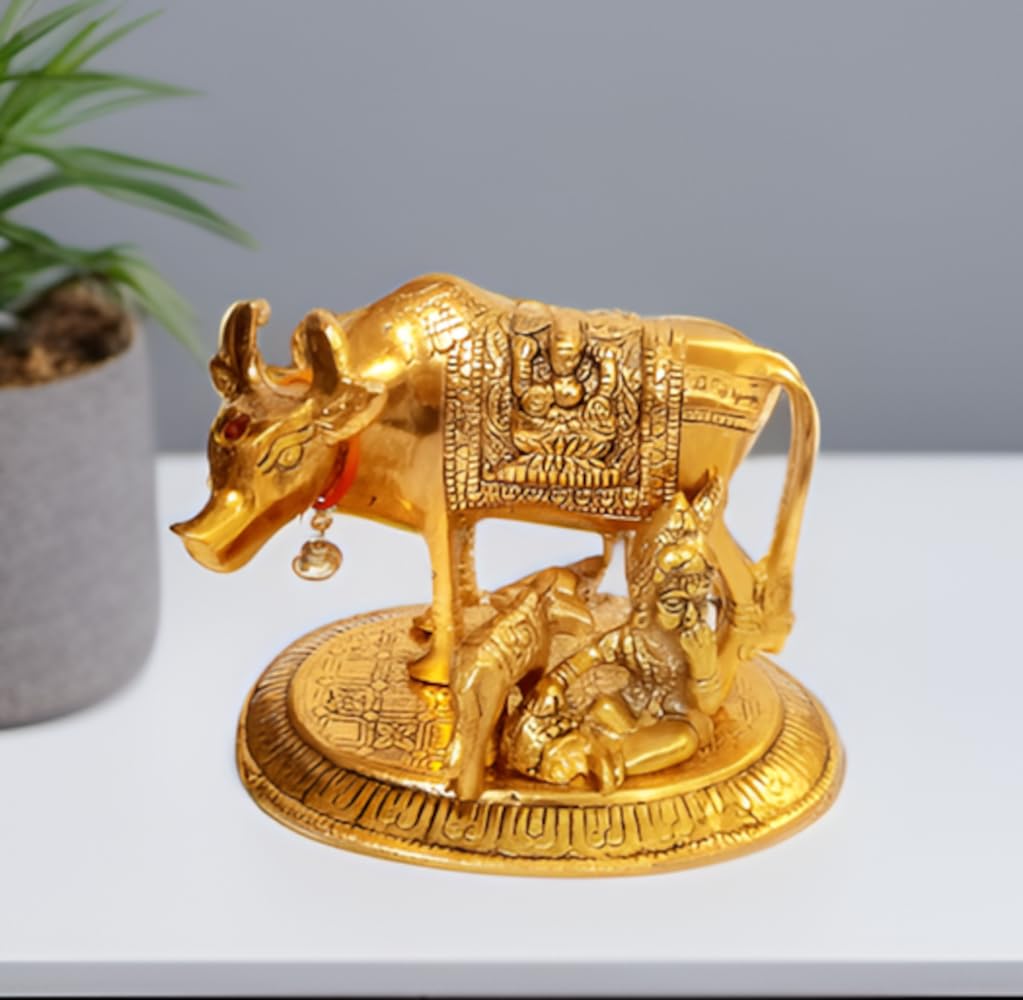 Purpledip Metal Idol Kamdhenu Cow & Makhan Chor Lord Krishna: Unique Ganesha Lakshmi Design (12326)