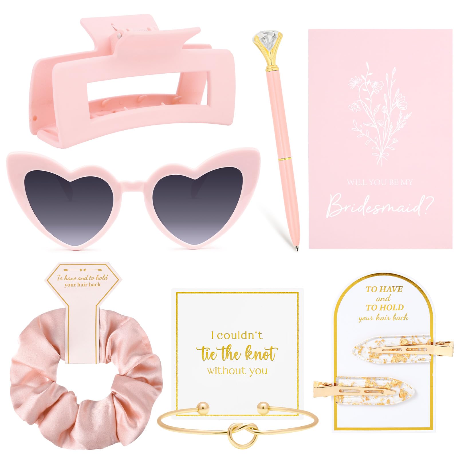 Photo 1 of 7 PCS Bridesmaid Proposal Gifts Bridesmaid Hair Clips Hair Scrunchies Bachelorette Sunglasses Knot Bracelet Bridal Shower Pencils Proposal Card Silk Bachelorette Party Wedding Favor Women Girls Pink